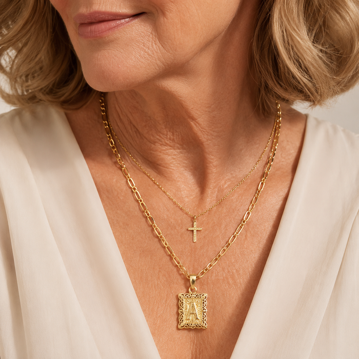 Cross Initial Necklace Set | Gold